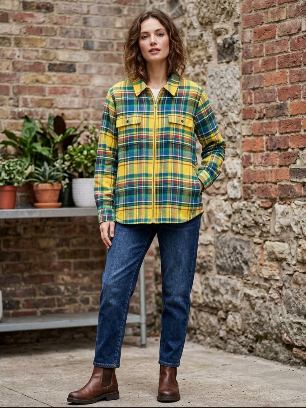 Chaps Yellow & Blue multicolor Plaid zip front flannel shirt shacket